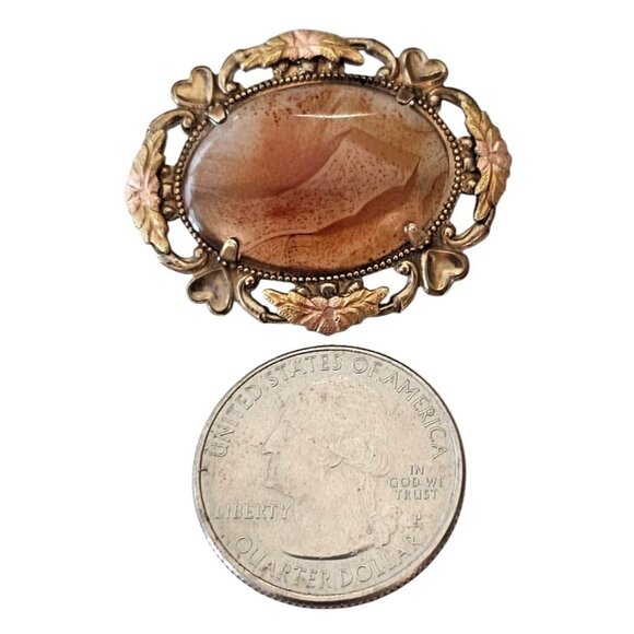 LSP Peterson Co. 1-20 12K GF Ornate Heart Floral Oval Agate Domed Cab Brooch J22 - Picture 5 of 6